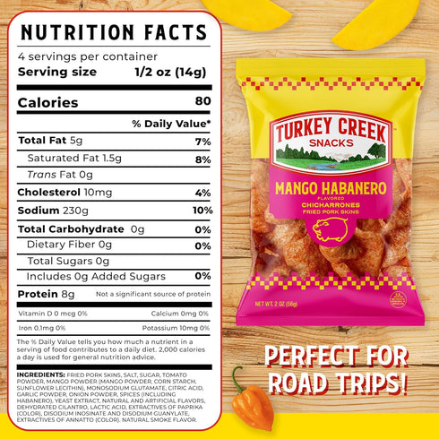 2oz (Pack 12) Turkey Creek Mango Habanero Chicharrones, Fried Pork Rinds - Mango Habanero Sweet & Spicy Flavored Pork