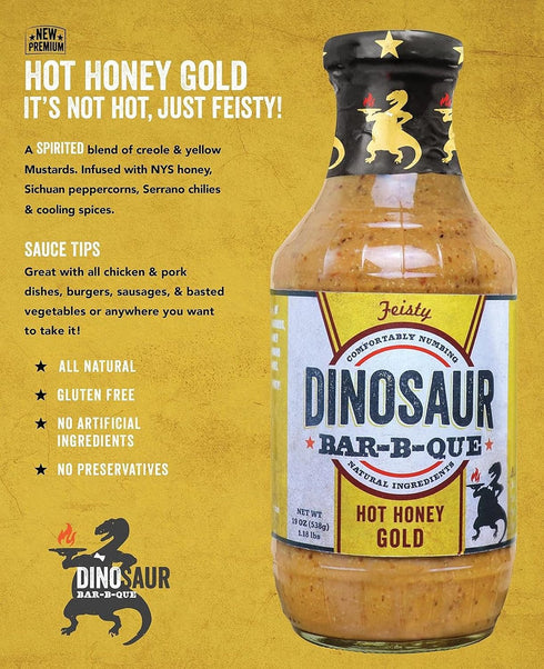 Dinosaur Bar-B-Que NEW Hot Honey Gold Barbecue Sauce, Cajun, Creole, Spice Flavor BBQ sauce, Perfect for grilling