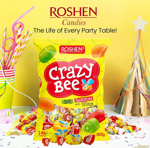2.2 lbs (1 (Pack 2) Roshen Crazy Bee Jelly Candy, Assorted Fruit Flavors with Soft Fruit Filling, Bulk kg) Individually