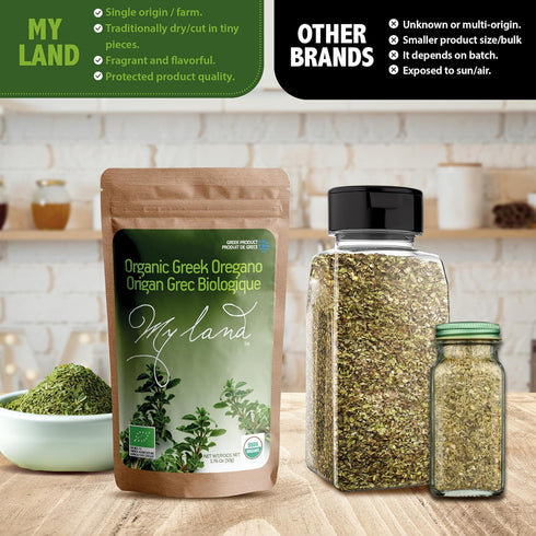 My Land Organic Greek Oregano from Mount Olympus, Greece - Dried Handpicked Tiny Cut Oregano Leaves in 50g Bag