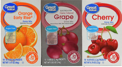 Great Value Low Calorie Sugar-Free Drink Mixes Variety Fruit Flavor 3-Box Bundle (Cherry,Grape,Orange Early