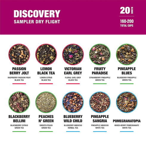Set, 200 Pack 20 Tiesta Tea - Discovery Sampler Dry Flight Loose Leaf, High to No Caffeine, Hot & Iced Up to Cups, Tea