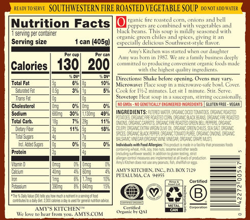 14.3 Oz (6 Pack) Amys Soup, Vegan Fire Roasted Southwestern Vegetable Soup With Organic Black Beans, Gluten Free