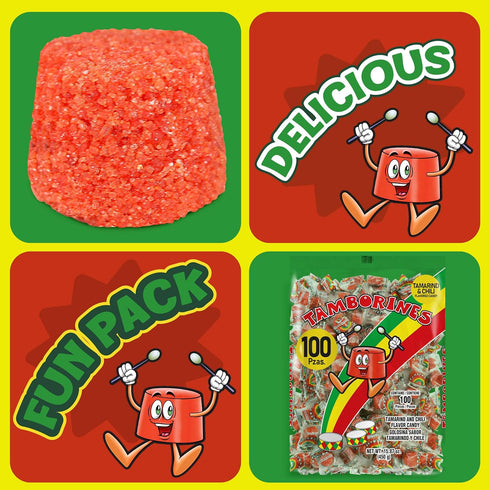 100 15.85 oz Pack Tamborines Enchilados Mexican Hot Candy with Chili and Tamarind, Individually Wrapped Pieces, Bulk