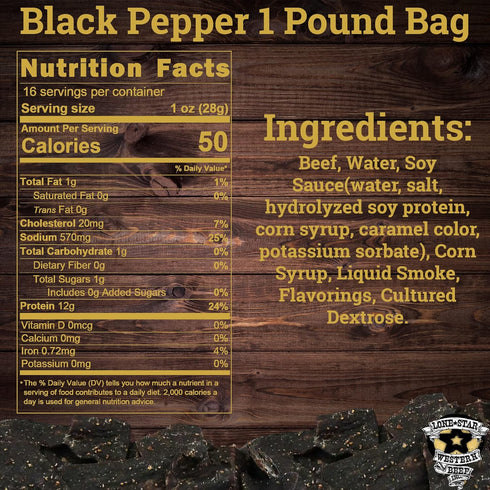 1 Lone Star Black Pepper Beef Jerky - Pound Resealable Bag - Hickory Smoked Handcrafted Flavor - High Protein Healthy