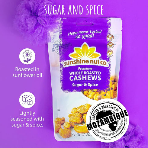 2 Pack, 7 oz. Packs Sunshine Nut Company Whole Roasted Lightly Salted Cashews, Sugar and Spice Flavor, Each, Gluten