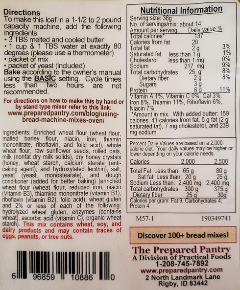 Pack; The Prepared Pantry Honey Graham Granola Gourmet Bread Mix; Single For Bread Machine or Oven