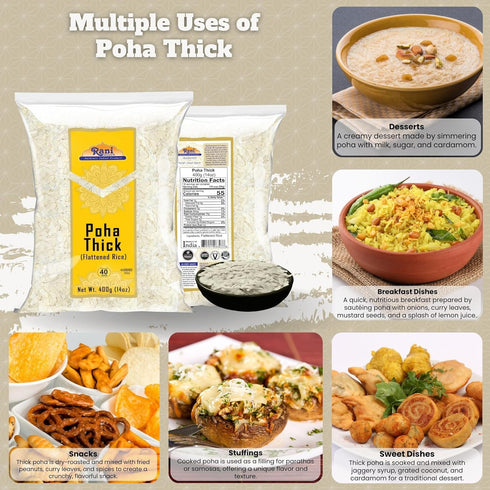 14oz (400g) Rani Poha (Powa) Thick Medium-Cut (Flattened Rice) ~ All Natural, Salt-Free | Vegan | Kosher | No Colors |