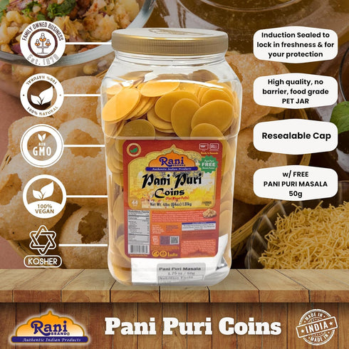 64oz (4lbs) (14-Spice 1.75oz (50g) Rani Pani Puri Coins (Uncooked, Microwaveable Wheat Semolina Coins) w/Pani Puri
