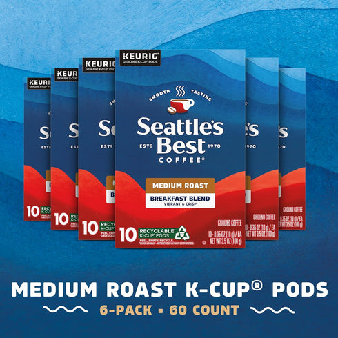 100% 6 (60 Seattles Best Coffee, Medium Roast K-Cup Coffee Pods, Breakfast Blend, Arabica, Boxes Pods Total)