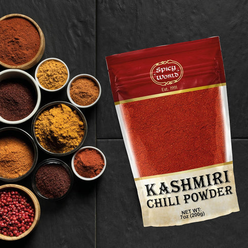 Spicy World 7 Kashmiri Chili Powder Red Ounce Resealable bag | All Natural Low Heat, Chili Powder - Red Pepper Powder