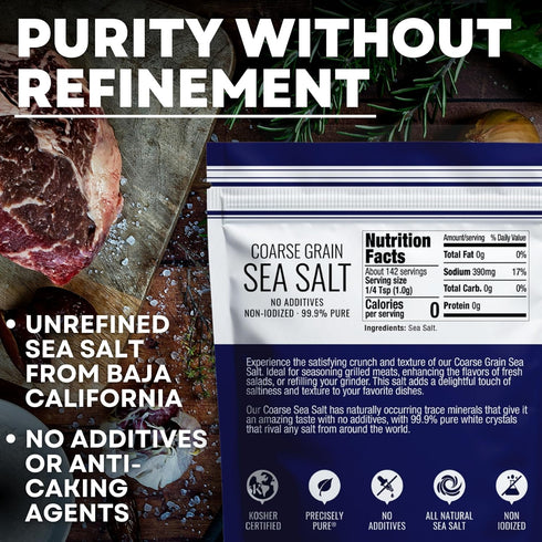 5 oz Coarse Grain Kosher Sea Salt for Grinder, Non-Iodized & Natural Replacement for Table Salt, Bag