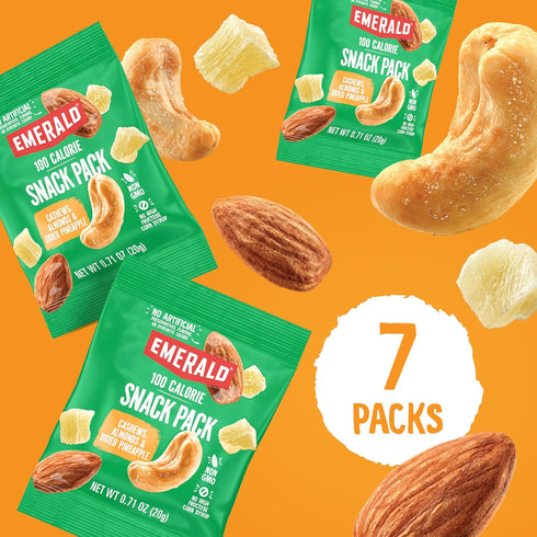 7 (1-Pack), 100-Calorie Packs Emerald Nuts Cashews and Almonds with Dried Pineapple Ct Individual of Mixed Nut Blend