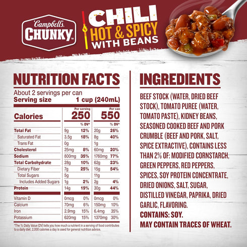 19 oz Campbells Chunky Hot and Spicy Chili With Beans, Can