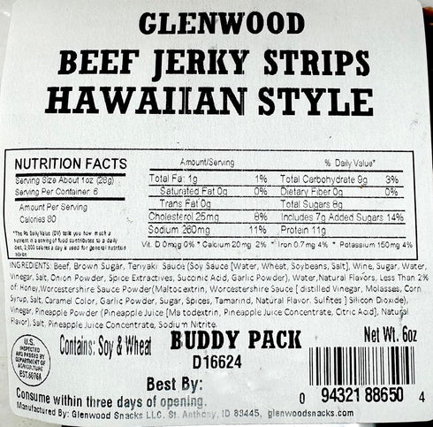 Glenwood Snacks Pack 6 (6 Glenwood Beef Jerky Tender Beef Jerky Buddy Beef Jerky Strips Ounce Ounce, Hawaiian Style)