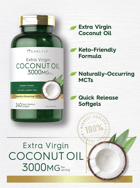 3000mg 240 Count Carlyle Coconut Oil Extra Virgin Softgel Capsules | | | Naturally Occurring MCTs | Non-GMO and Gluten