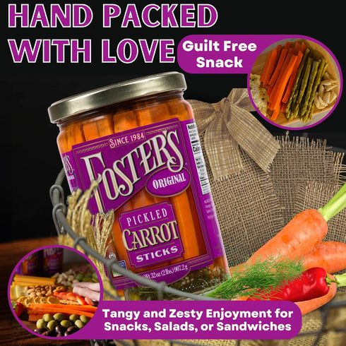 32oz, 2 Pack, 40 Foster's Pickled Carrots in a Jar, Original, Traditional Pickled Carrot Sticks Recipe for over years