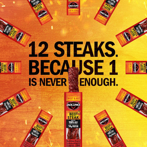 14g 100% Pack 2 Oz. (12 Count) Jack Link's Beef Steak, Sweet & Hot - Protein Snacks, Meat Snack with of Protein, Made