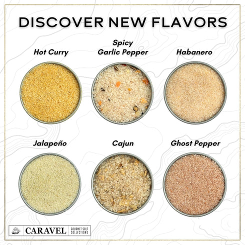 Spicy Sea Salt Sampler Set, Ghost Pepper and Habanero Salt, Give Spicy Seasoning Salt as a Gourmet Cooking Gift, 0.5 oz x Bundle of 6 Flavored Salts - Caravel Gourmet Salt
