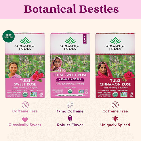 ORGANIC INDIA Tulsi Sweet Rose Herbal Tea - Holy Basil Leaf, Chamomile, Lemon Myrtle, Immune Support, 18 Infusion Bags