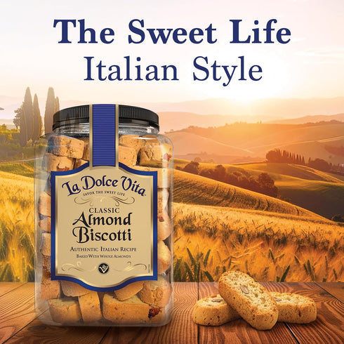 40 oz La Dolce Vita Classic Almond Italian Biscotti Cookies, Gourmet Coffee & Tea Dipping Snack, Jar