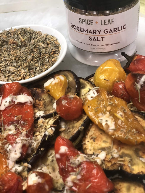 Premium Rosemary Garlic Salt by Spice + Leaf, Vegan Kosher Spice Blend for Roasted Potatoes, 3.1 oz