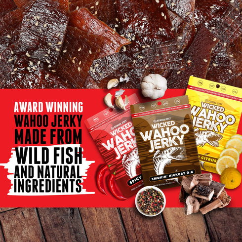 Pack Omega-3 2oz (3-Pack) Wahoo Ono Fish Jerky Variety - Smokin' Hickory O.G, Island Citrus & Spicy Chili - Organic