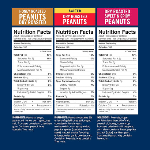 Pack, 16 oz (Pack 3), Package PLANTERS Peanuts Variety Dry Roasted Nuts, Jars, of Protein Snack Care