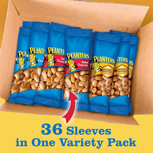 Pack, Packed (36 Count) PLANTERS Variety Salted Cashews, Salted Peanuts & Honey Roasted Peanuts, On-the-Go Nut Snacks