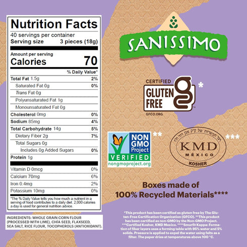 40 Packs 3 Sanissimo Salmas Chia & Flaxseed, of Crackers, Oven Baked Corn Crackers, Gluten Free, Non-GMO, Kosher