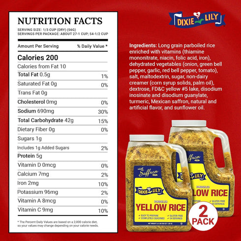 2 Pack Dixie Lily Yellow Rice Dinner/Jug - Long Grain Parboiled Rice with Dehydrated Vegetables with Vitamins