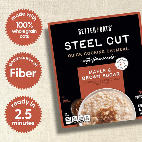 Better Oats Packets, 10 (Pack 6) Steel Cut Instant Oatmeal Maple and Brown Sugar Flavor with Flax Seeds, Quick-Cooking