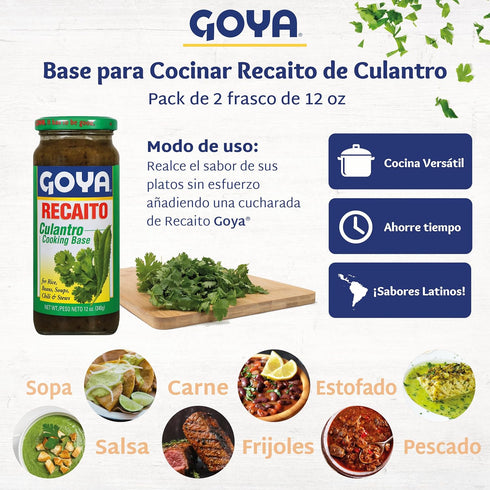 Recaito Culantro Cooking Base by Goya, Cilantro Cooking Base with Onions, Garlic, and Green Bell Peppers, Latino Seasoning for Rice, Beans, Soups, Chili, Stews, and Sauces, Pack of 2, 12 oz Jars