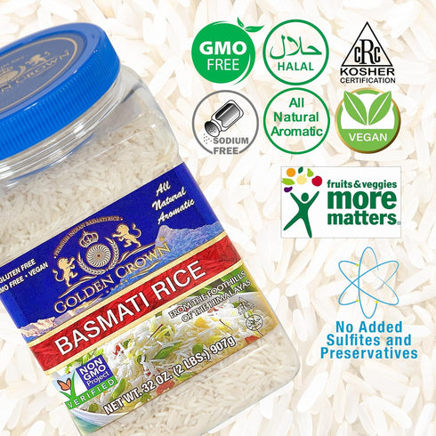 32 oz (2LB) Golden Crown Basmati Rice - Jar | Long Grain White Rice | Amazing Taste, Healthy Meals & Natural Aromatic