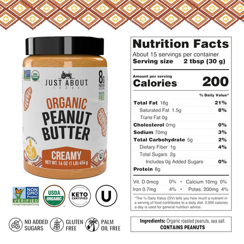 1 lb Just About Foods Organic & Keto Peanut Butter Creamy Gluten-Free, No Sugar Added, No Palm Oil, Unsweetened Peanut