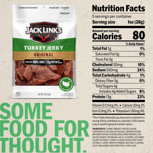 13g 100% 5 Oz. Jack Link's Turkey Jerky, Original, Jerky Bag - Flavorful Snack, Ready to Eat Protein Snacks