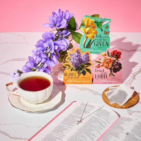 Set, 15 1 8 15 4 Thoughtfully, Tea Affirmations Religious Gift Gifts in with Bible Verses, Flavors in Floral Boxes