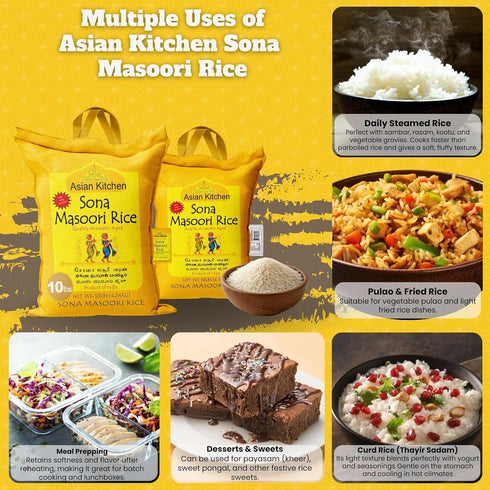 10-Pound 10lbs (4.54kg) Asian Kitchen White Sona Masoori Aged Rice Bag, Short Grain Rice ~ All Natural | Gluten