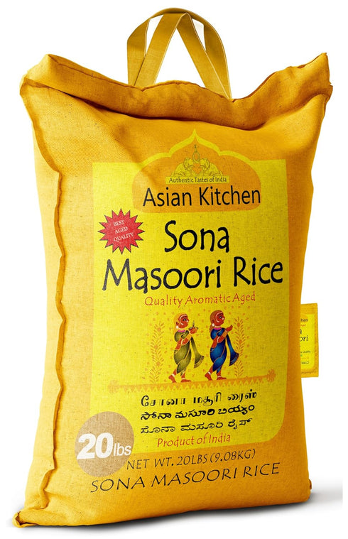 20-Pound 20lbs (9.08kg) Asian Kitchen White Sona Masoori Aged Rice Bag, Short Grain Rice ~ All Natural | Gluten