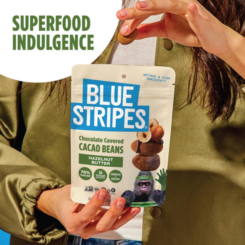 70% 5g 3.5 OZ Blue Stripes - Chocolate Covered Cacao Beans, Hazelnut Butter, Cacao, No Refined Sugar, Gluten Free