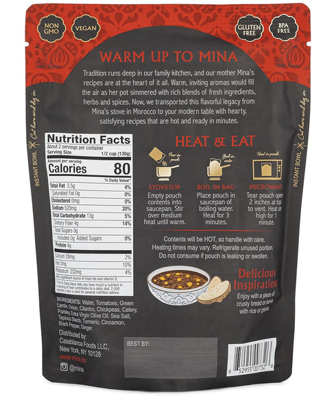 Meals,10 oz Packaged (Pack 6) Mina Harira, Moroccan Chickpea & Lentil Soup, Ready to Eat Gluten Free Soup, High