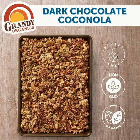 9oz Pack 3 Grandy Organics Dark Chocolate Coconola Granola, Certified Organic Gluten Free Granola, Grain Free