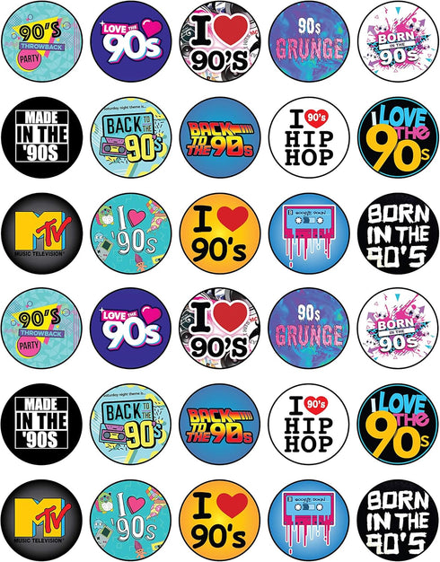 30 x Edible Cupcake Toppers, 90s Party Collection of Edible Cake Decorations, Uncut on Wafer Sheet