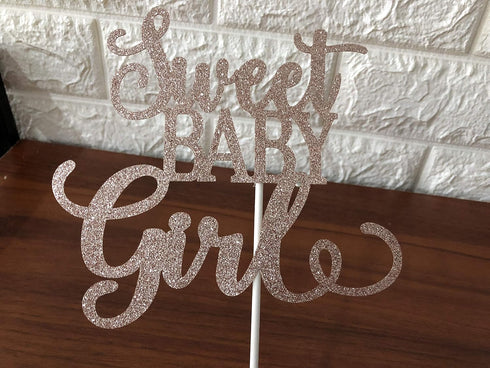 Sweet Baby Girl Cake Topper - Rose Gold Glitter Baby Shower Cake Topper for Its A Girl Celebration
