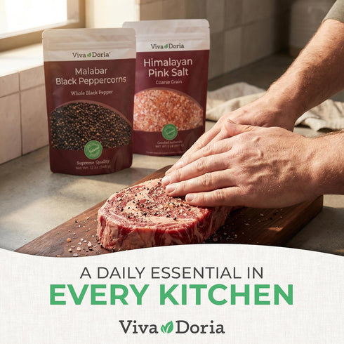 12 Oz 2 lb Pack Pack Viva Doria Malabar Whole Black Peppercorns, & Himalayan Pink Salt, Coarse Grain, | Mineral Salt