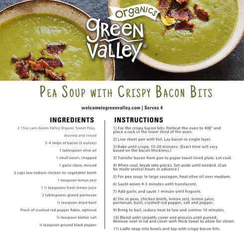 15 oz (Pack 4) Green Valley Organics Peas | Certified Organic | Deliciously Succulent, Creamy Sweet | can
