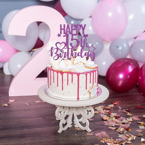 INNORU Purple Glitter Happy 15th Birthday Cake Topper - Cheers to 15 Years, Teenager Children's Party Decorations