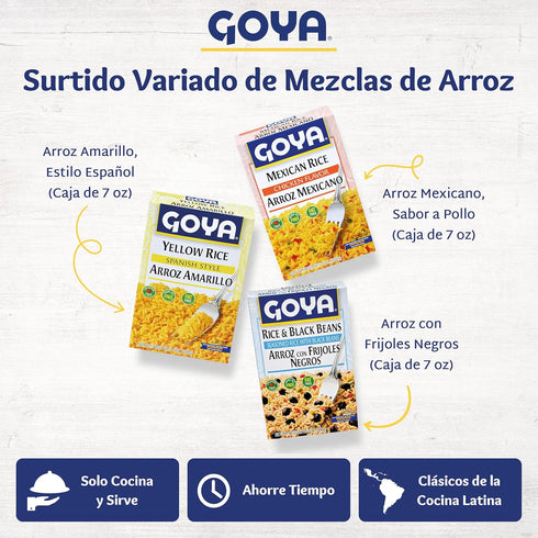 7 oz Goya Rice Mix Variety Sampler, Yellow Rice Spanish Style, Mexican Rice Mix Chicken Flavor, White Rice & Black