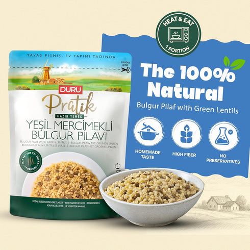 8,8 100% Duru Bulgur Pilaf with Green Lentils, Ounces, Heat & Eat, Natural, Non-GMO, BPA Free, No Trans Fat, No