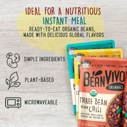 3 Pack (10 oz BeanVIVO - Variety each) - Organic Baja Black Beans, Three Bean Vegan Chili, Coconut Curry Chickpeas